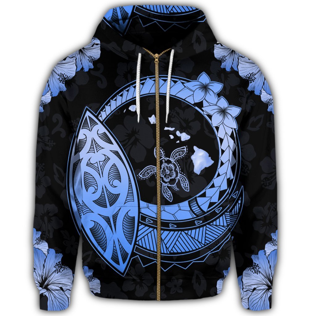 Hawaii Turtle Hibiscus Map Polynesian Zip Hoodie Blue - Polynesian Pride