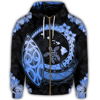 Hawaii Turtle Hibiscus Map Polynesian Zip Hoodie Blue - Polynesian Pride