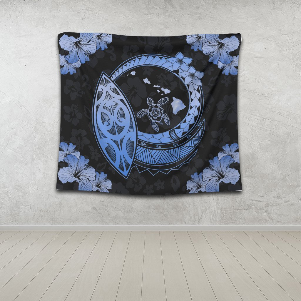 Hawaii Turtle Hibiscus Map Polynesian Tapestry Blue - AH - Polynesian Pride