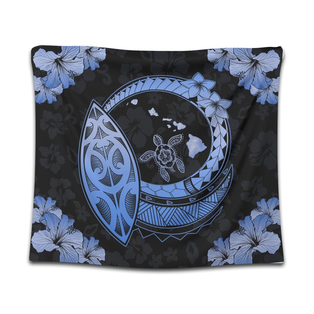 Hawaii Turtle Hibiscus Map Polynesian Tapestry Blue - AH Wall Tapestry Black - Polynesian Pride