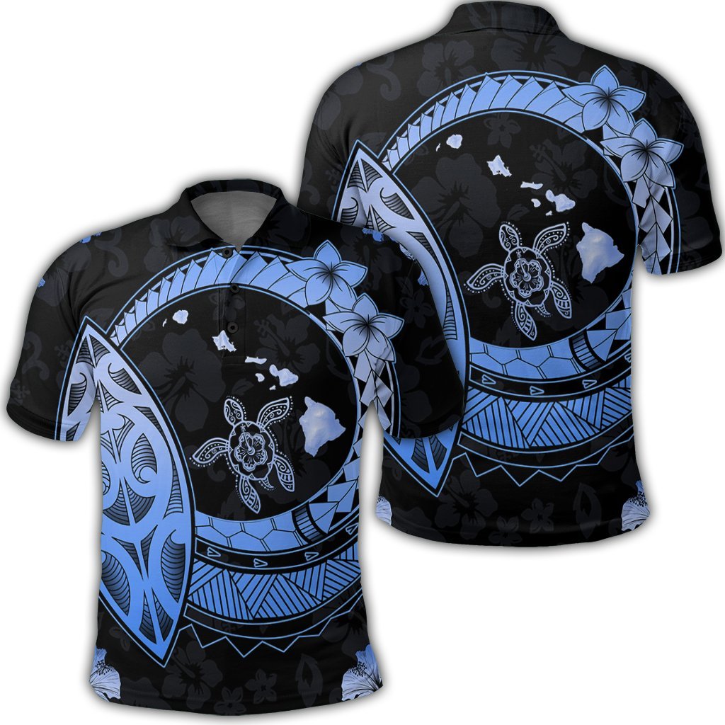 Hawaii Turtle Hibiscus Map Polynesian Polo Shirt Blue Unisex Black - Polynesian Pride