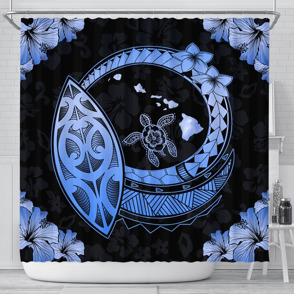 Hawaii Turtle Hibiscus Map Polynesian Shower Curtain Blue - AH 177 x 172 (cm) Black - Polynesian Pride