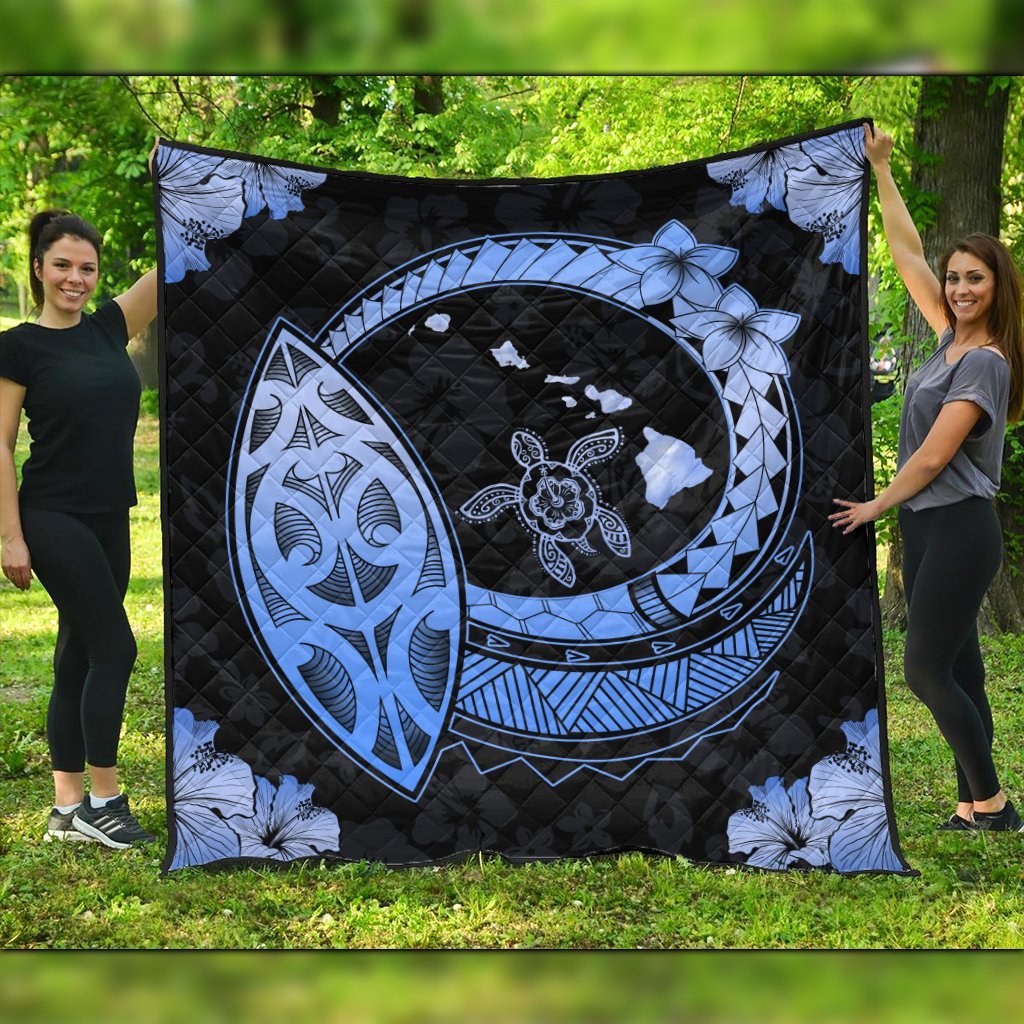 Hawaii Turtle Hibiscus Map Polynesian Premium Quilts Blue - AH Black - Polynesian Pride