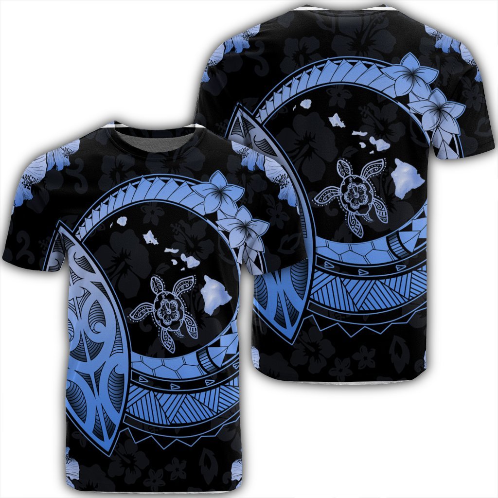 Hawaii Turtle Hibiscus Map Polynesian T Shirt Blue Unisex Black - Polynesian Pride