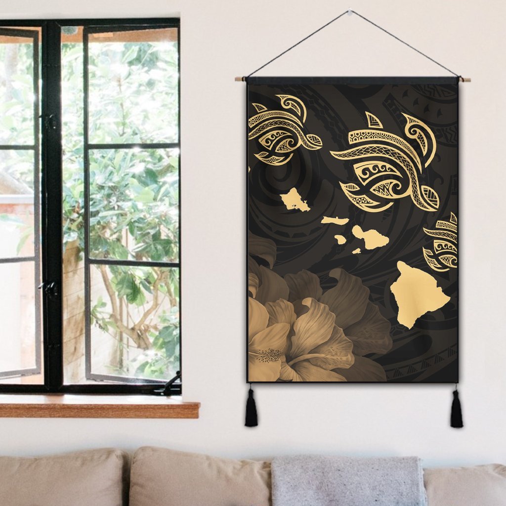Hawaii Turtle Hibiscus Map Polynesian Hanging Poster Gold - AH - Polynesian Pride
