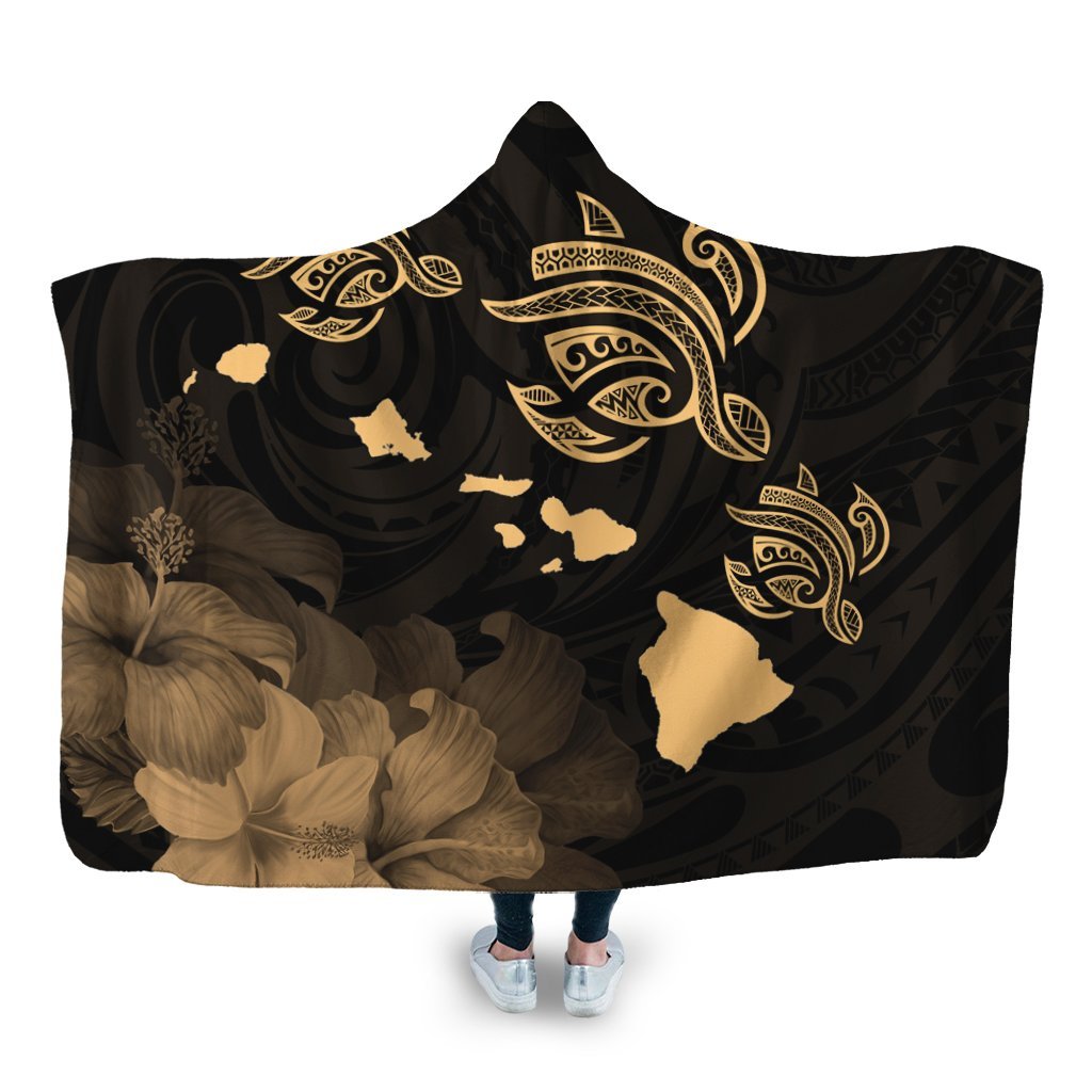 Hawaii Turtle Hibiscus Map Polynesian Hooded Blanket Gold - AH Hooded Blanket White - Polynesian Pride