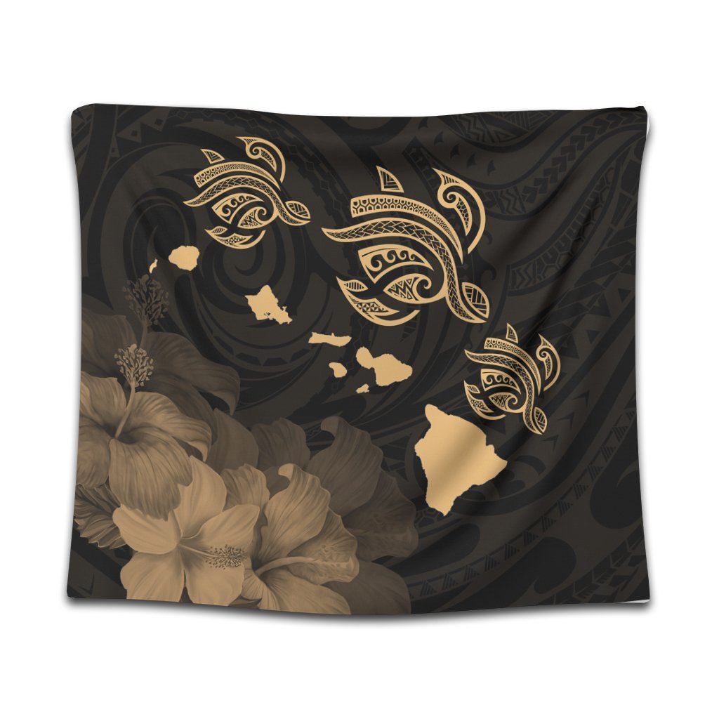 Hawaii Turtle Hibiscus Map Polynesian Tapestry Gold - AH Wall Tapestry Black - Polynesian Pride