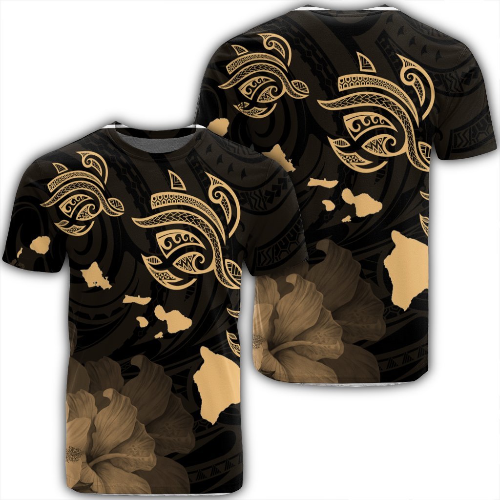 Hawaii Turtle Hibiscus Map Polynesian T Shirt Gold Unisex Black - Polynesian Pride