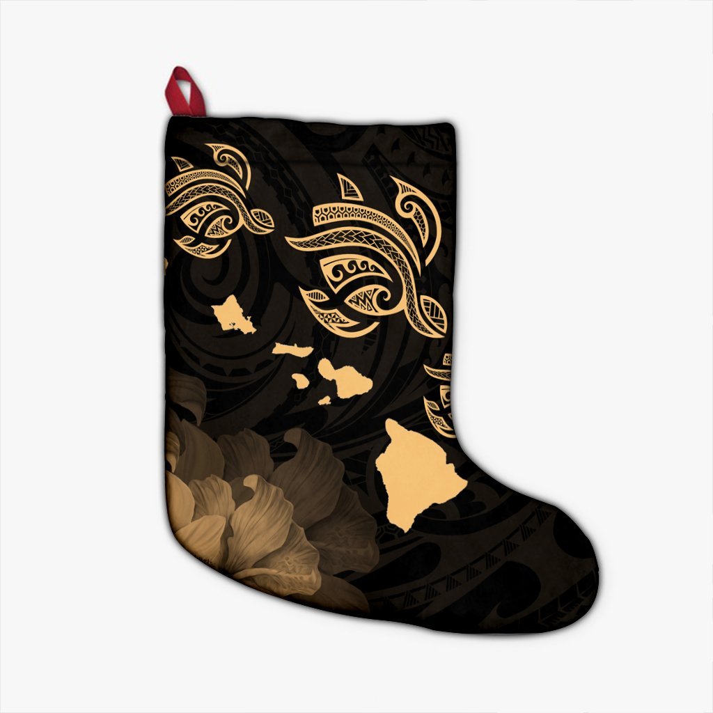 Hawaii Turtle Hibiscus Map Polynesian Christmas Stocking Gold - AH Christmas Stocking 26 X 42 cm Black - Polynesian Pride