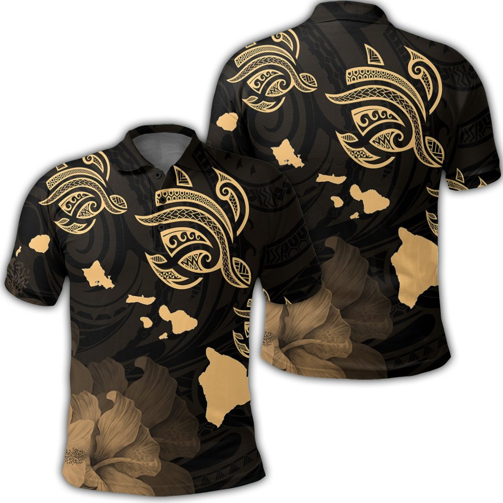 Hawaii Turtle Hibiscus Map Polynesian Polo Shirt Gold Unisex Black - Polynesian Pride