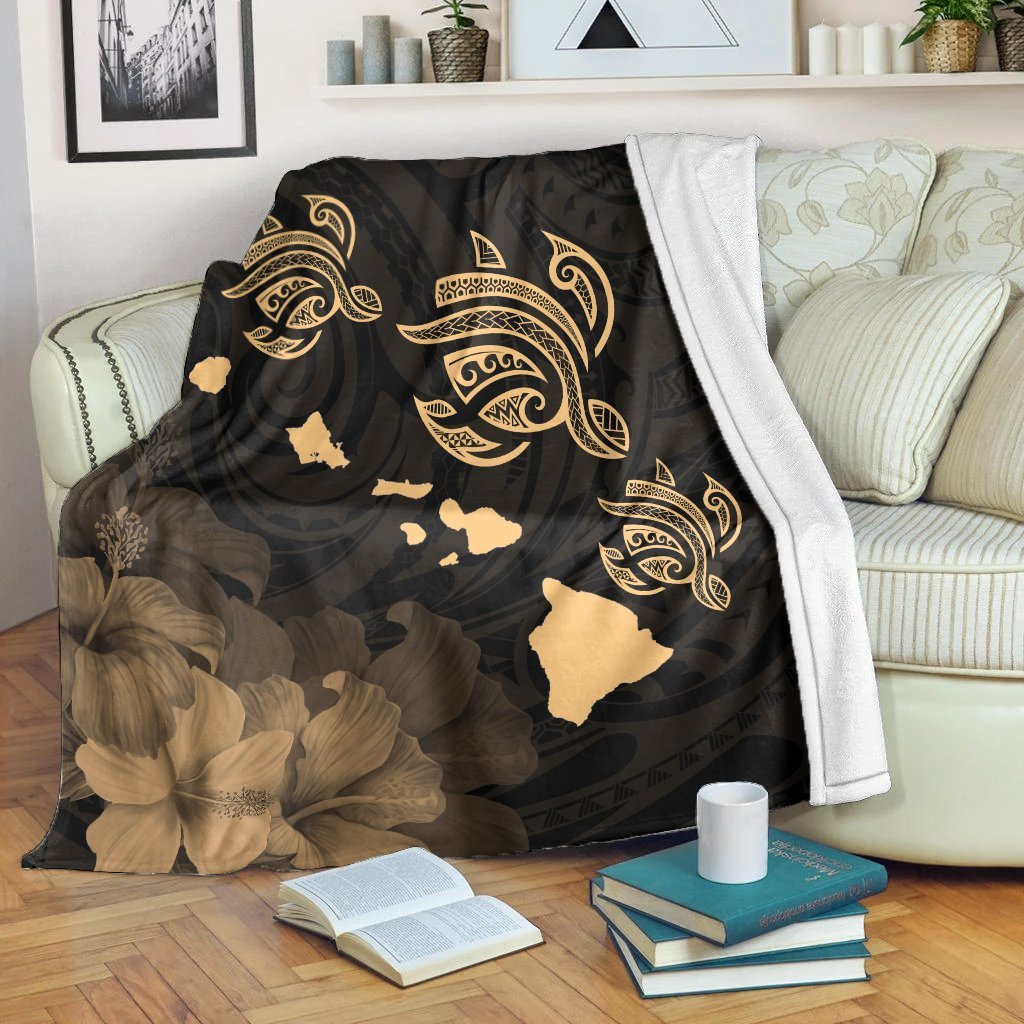 Hawaii Turtle Hibiscus Map Polynesian Premium Blankets Gold - AH White - Polynesian Pride