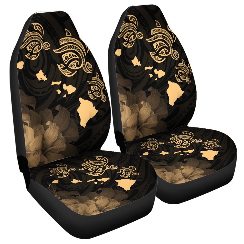 Hawaii Turtle Hibiscus Map Polynesian Car Seat Covers Gold - AH Universal Fit Black - Polynesian Pride