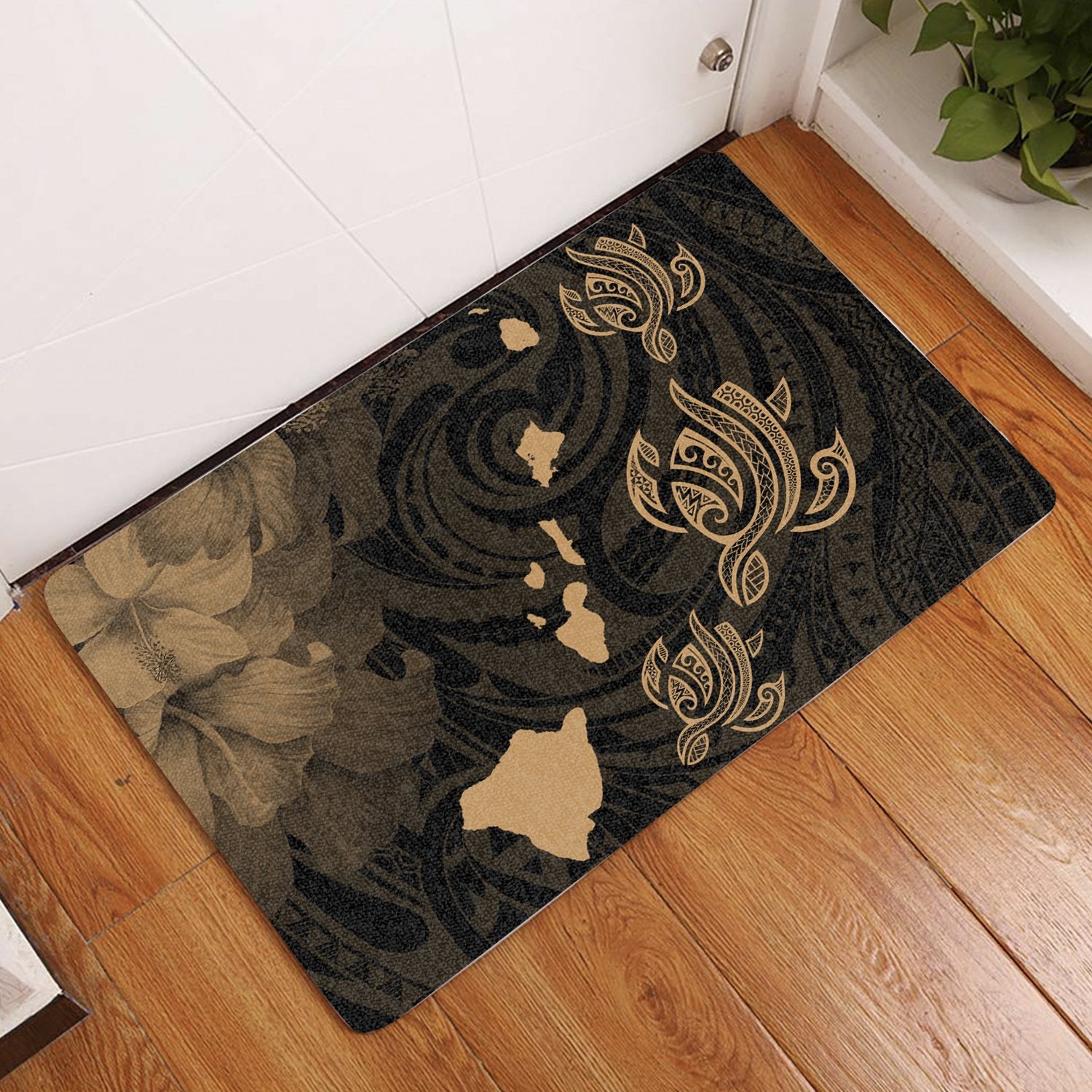 Hawaii Turtle Hibiscus Map Polynesian Gold AH Door Mat Gold - Polynesian Pride