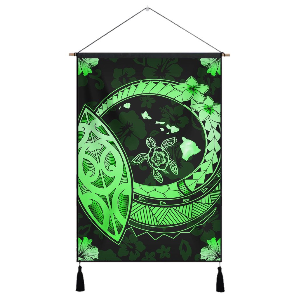 Hawaii Turtle Hibiscus Map Polynesian Hanging Poster Green - AH Hanging Poster Cotton And Linen - Polynesian Pride