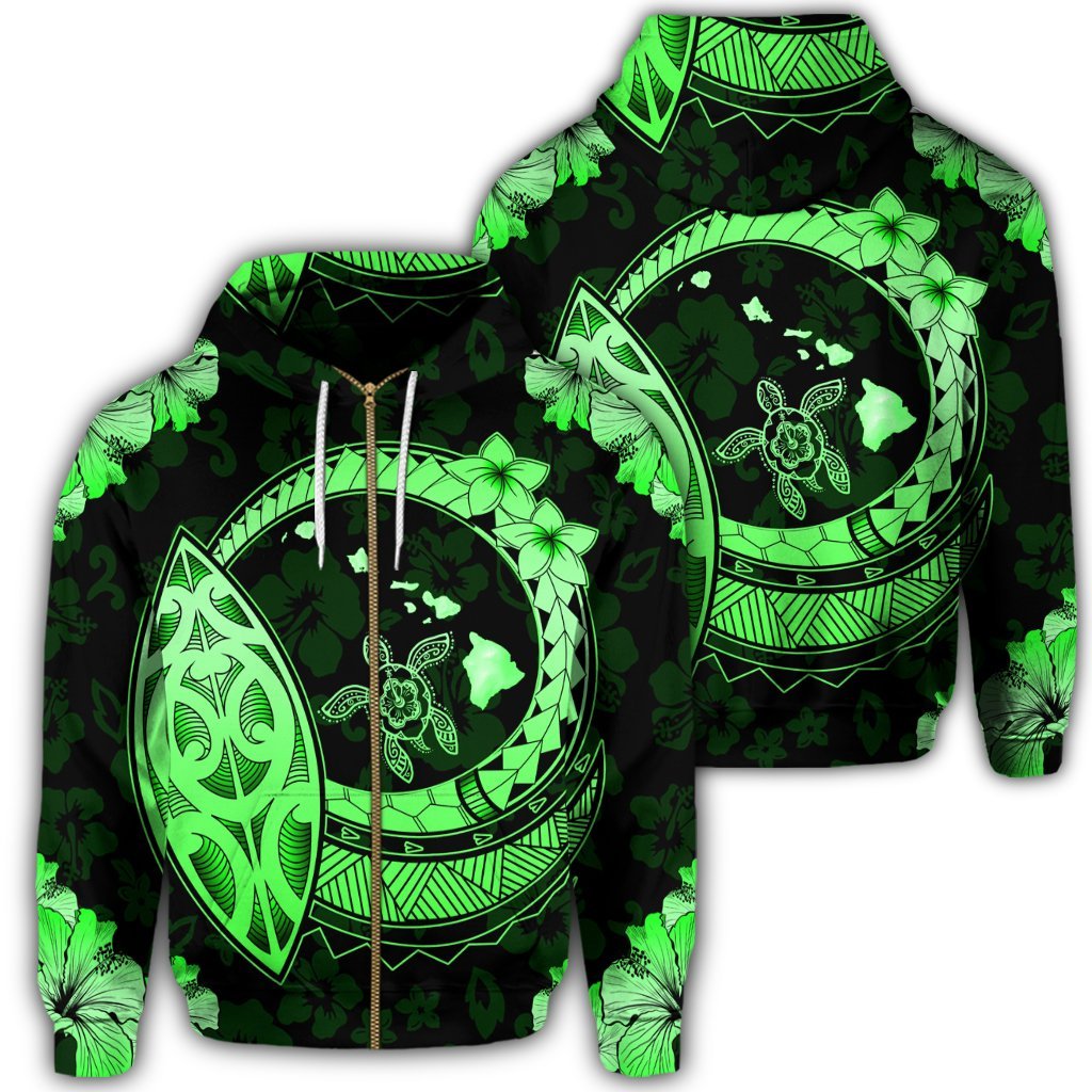 Hawaii Turtle Hibiscus Map Polynesian Zip Hoodie Green Unisex Art - Polynesian Pride