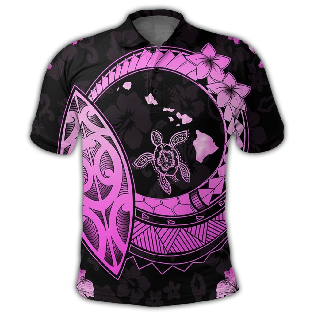 Hawaii Turtle Hibiscus Map Polynesian Polo Shirt Pink - Polynesian Pride