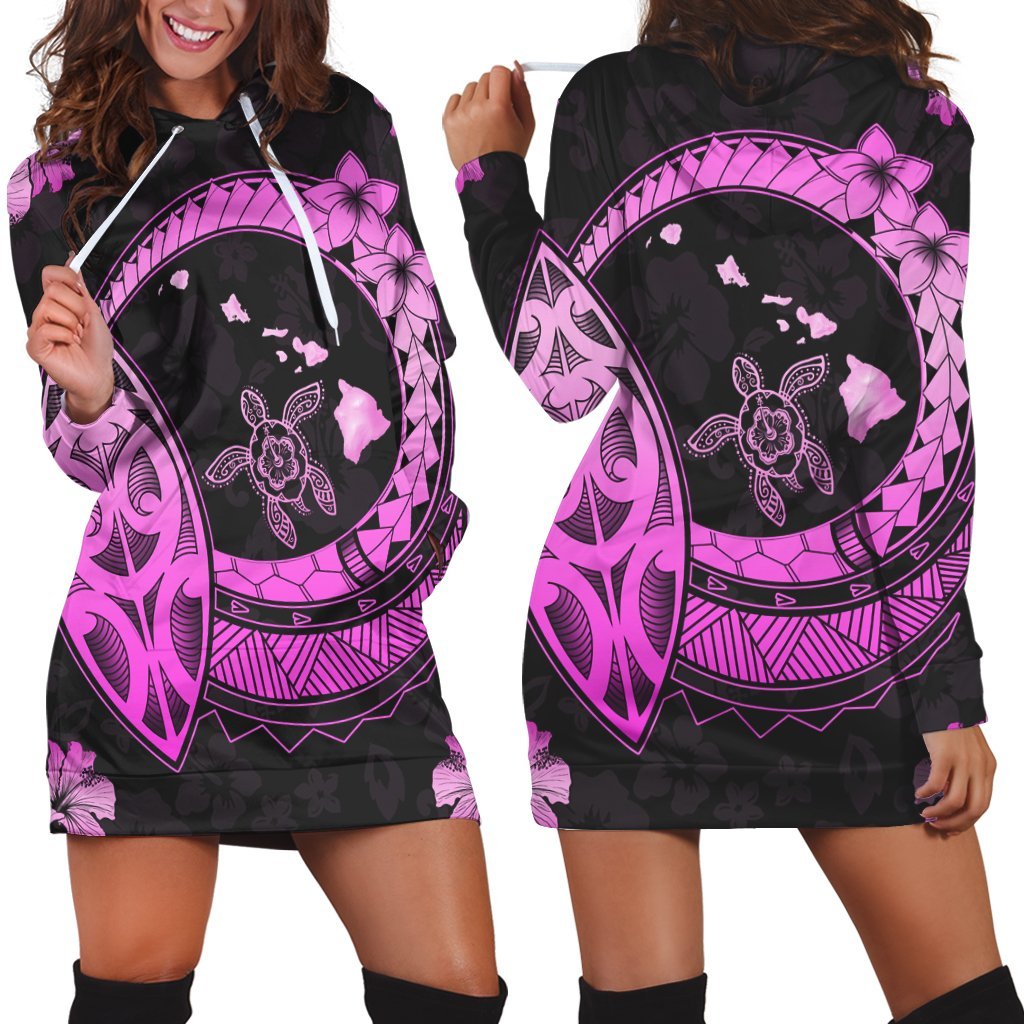 Hawaii Turtle Hibiscus Map Polynesian Hoodie Dress Pink - AH Black - Polynesian Pride