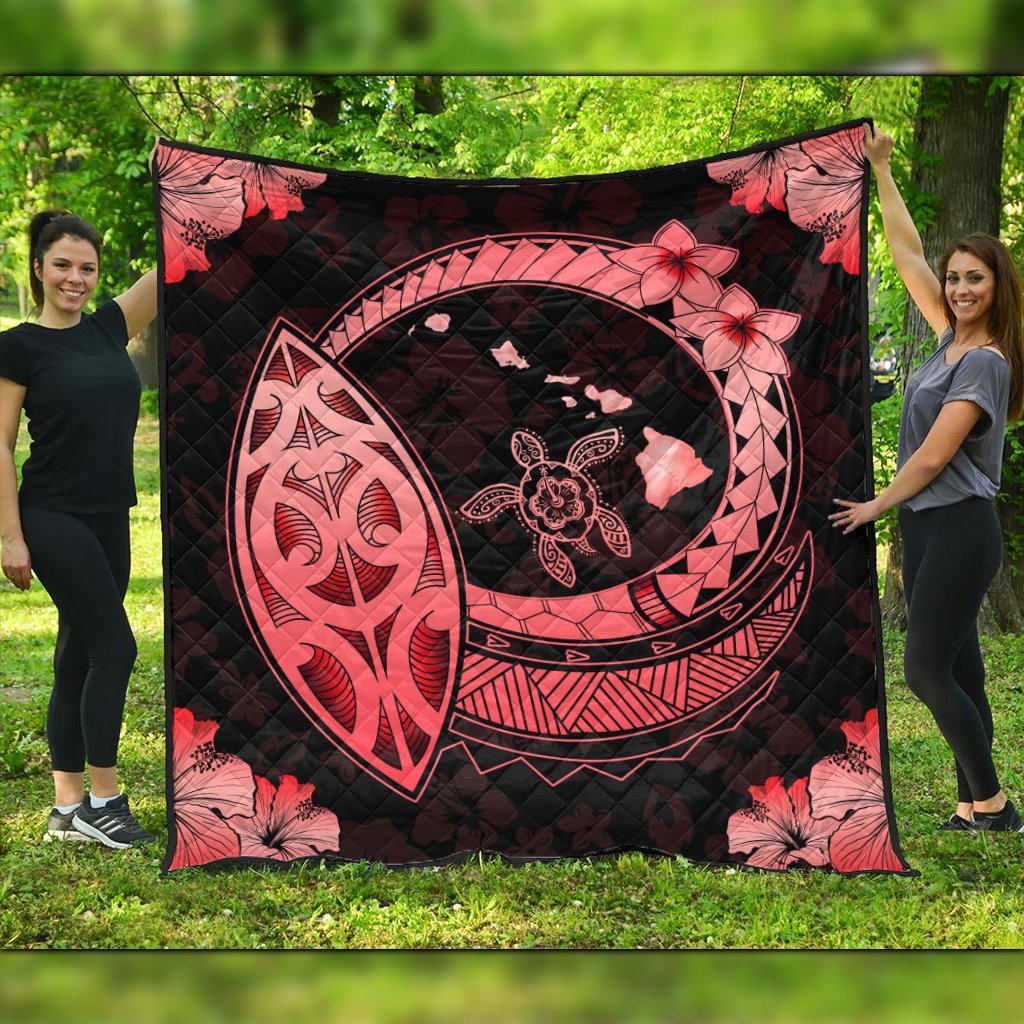 Hawaii Turtle Hibiscus Map Polynesian Premium Quilts Red - AH Black - Polynesian Pride