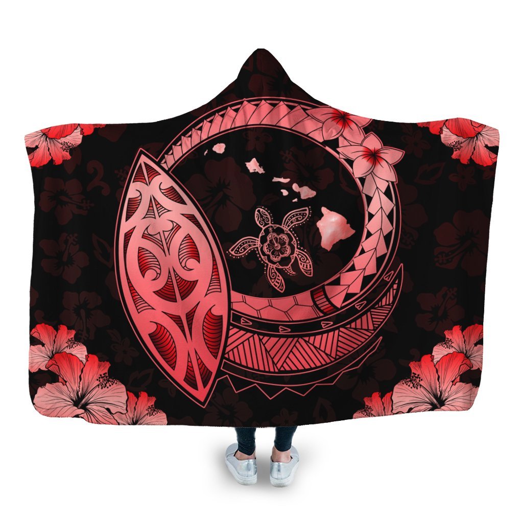 Hawaii Turtle Hibiscus Map Polynesian Hooded Blanket Red - AH Hooded Blanket White - Polynesian Pride