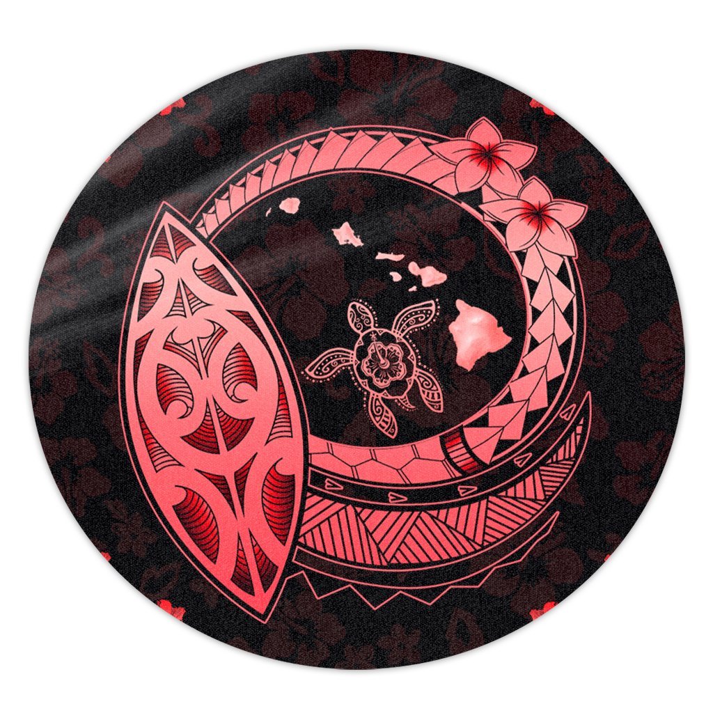 Hawaii Turtle Hibiscus Map Polynesian Round Carpet Red - AH Round Carpet Luxurious Plush - Polynesian Pride