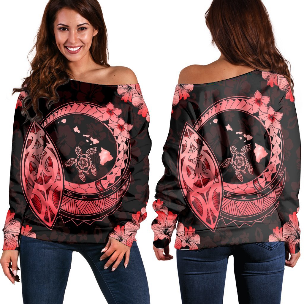 Hawaii Turtle Hibiscus Map Polynesian Women's Off Shoulder Sweater Red - AH Black - Polynesian Pride