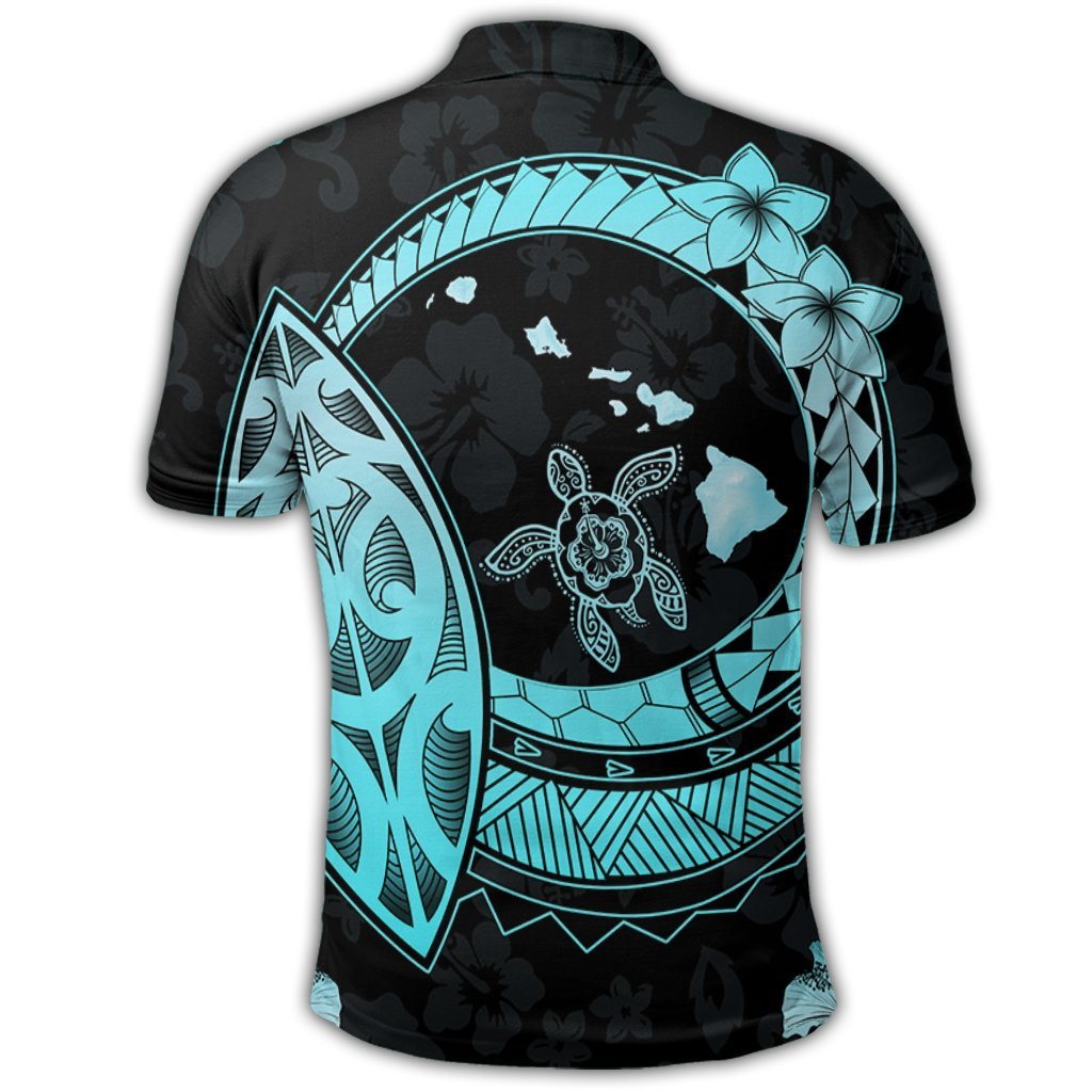 Hawaii Turtle Hibiscus Map Polynesian Polo Shirt Turquoise - Polynesian Pride