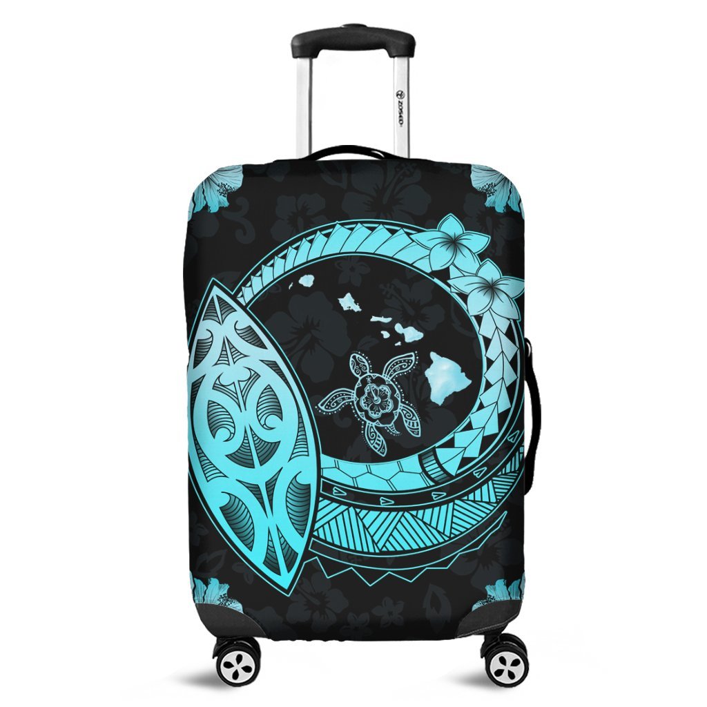 Hawaii Turtle Hibiscus Map Polynesian Luggage Covers Turquoise - AH Black - Polynesian Pride