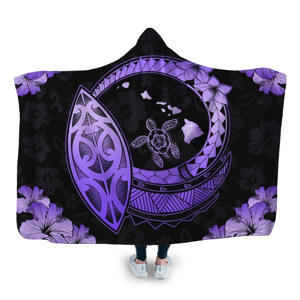 Hawaii Turtle Hibiscus Map Polynesian Hooded Blanket Violet - AH Hooded Blanket White - Polynesian Pride