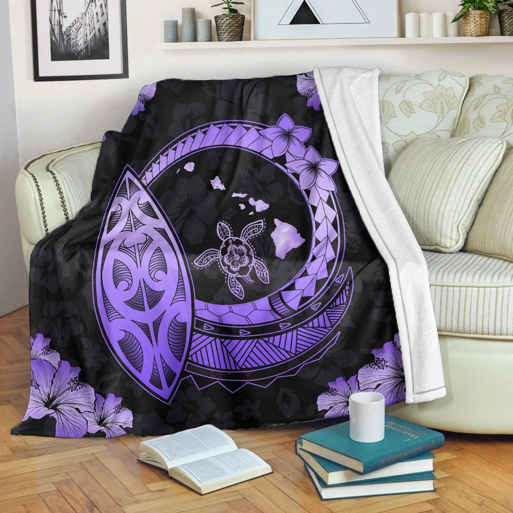 Hawaii Turtle Hibiscus Map Polynesian Premium Blankets Violet - AH White - Polynesian Pride