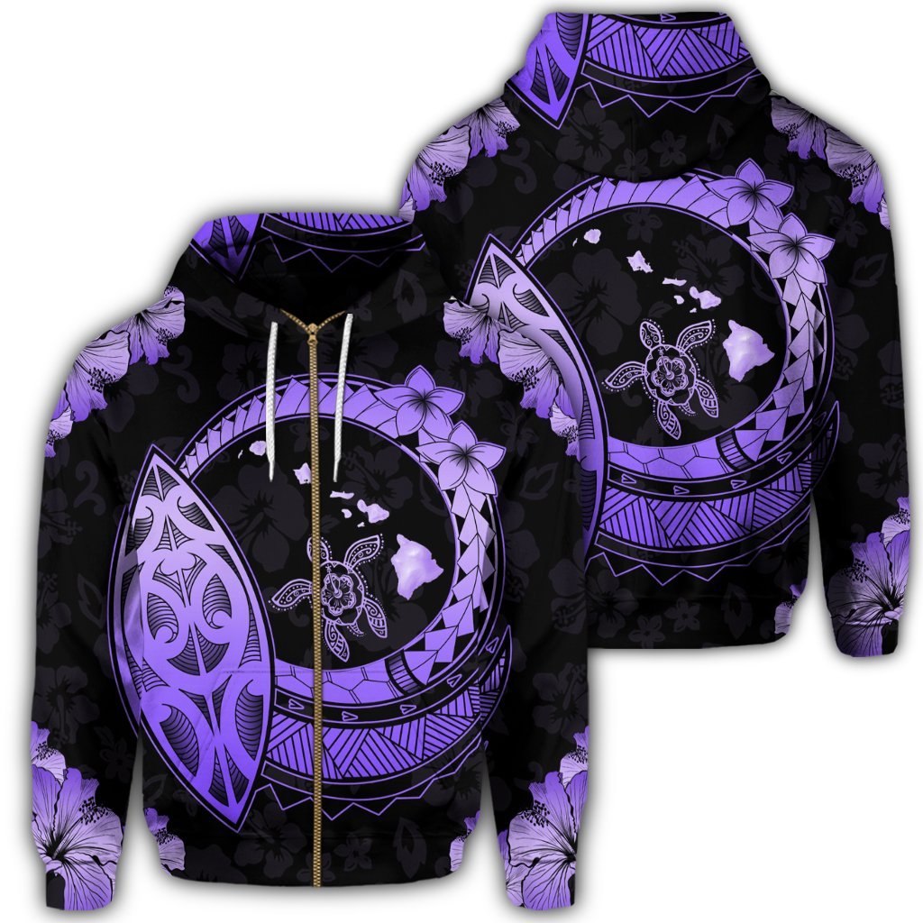 Hawaii Turtle Hibiscus Map Polynesian Zip Hoodie Violet Unisex Art - Polynesian Pride