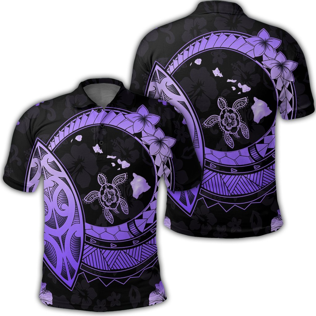 Hawaii Turtle Hibiscus Map Polynesian Polo Shirt Violet Unisex Black - Polynesian Pride