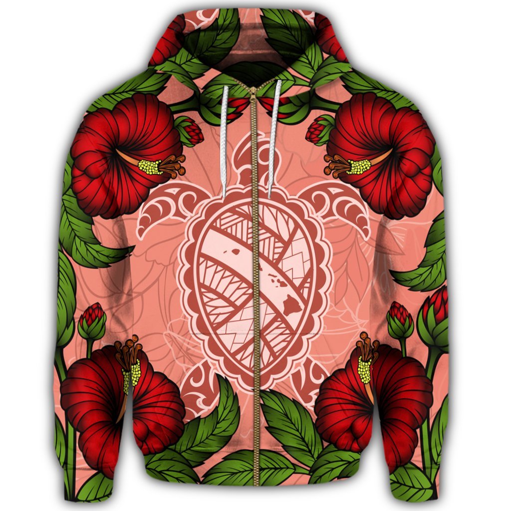 Hawaii Turtle Hibiscus Pink Zip Hoodie Fide Style - Polynesian Pride