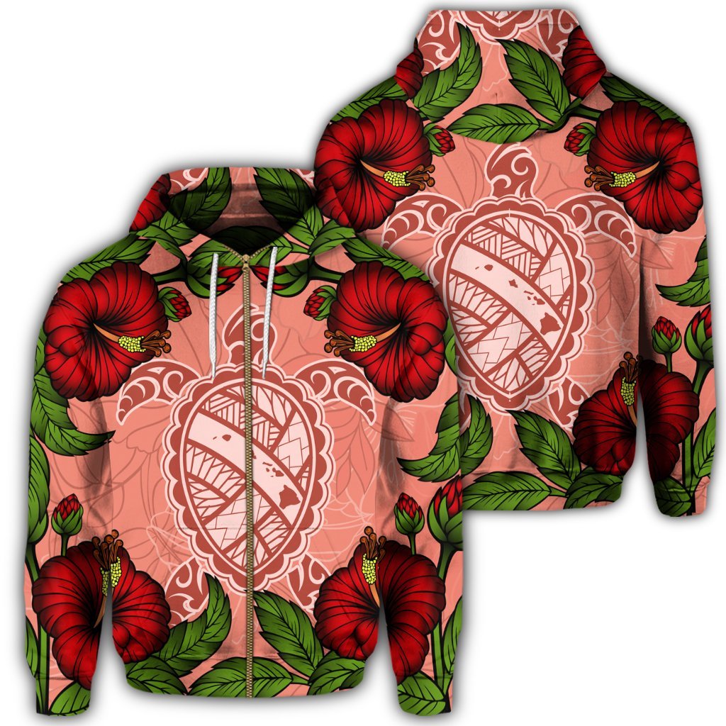 Hawaii Turtle Hibiscus Pink Zip Hoodie Fide Style Unisex Art - Polynesian Pride