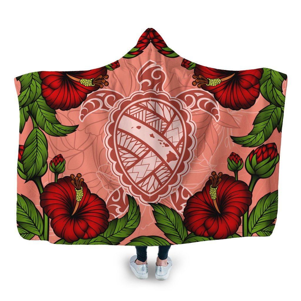 Hawaii Turtle Hibiscus Pink Hooded Blanket - Fide Style - AH Hooded Blanket White - Polynesian Pride