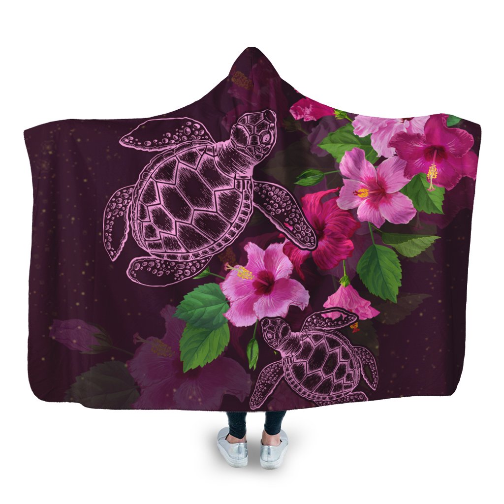 Hawaii Turtle Hibiscus Pink Simple Hooded Blanket - AH Hooded Blanket White - Polynesian Pride