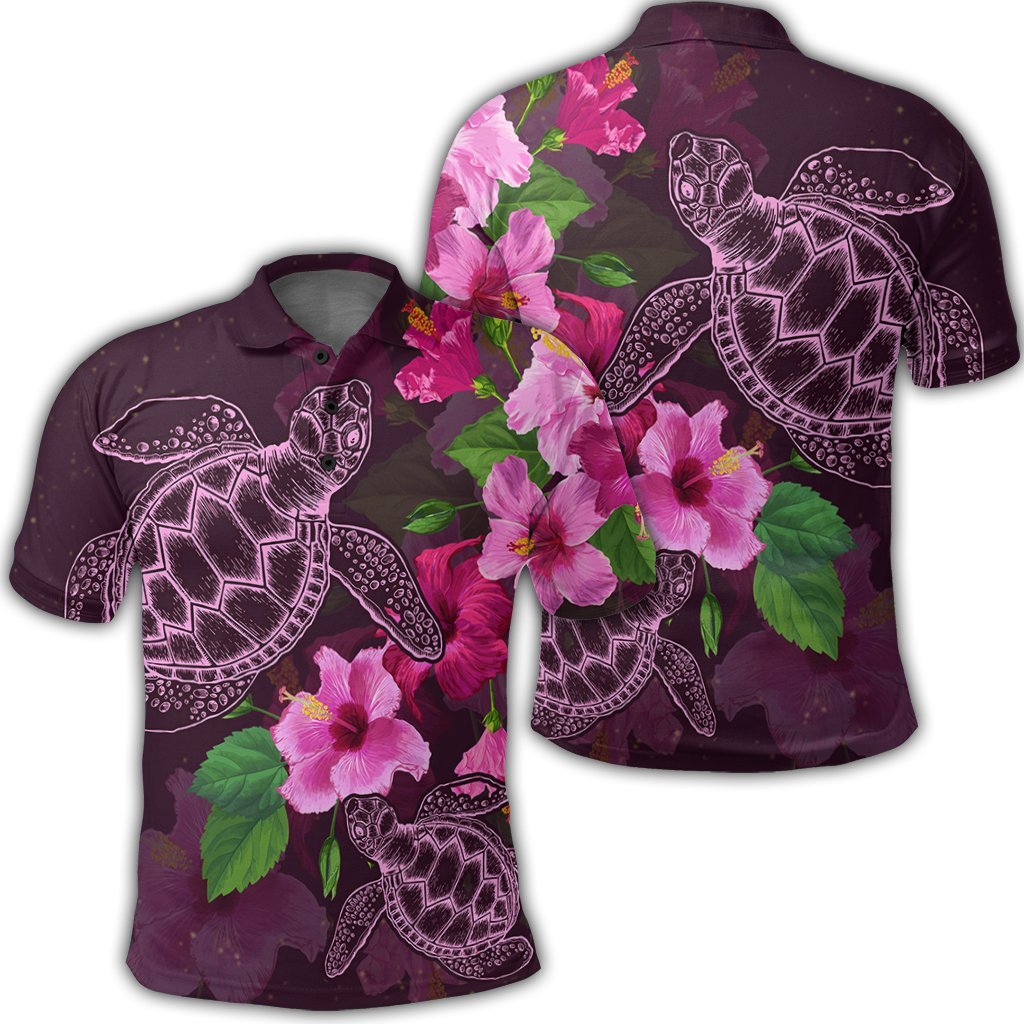 Hawaii Turtle Hibiscus Pink Simple Polo Shirt Unisex Black - Polynesian Pride