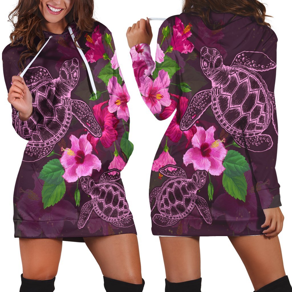 Hawaii Turtle Hibiscus Pink Simple Hoodie Dress - AH Black - Polynesian Pride