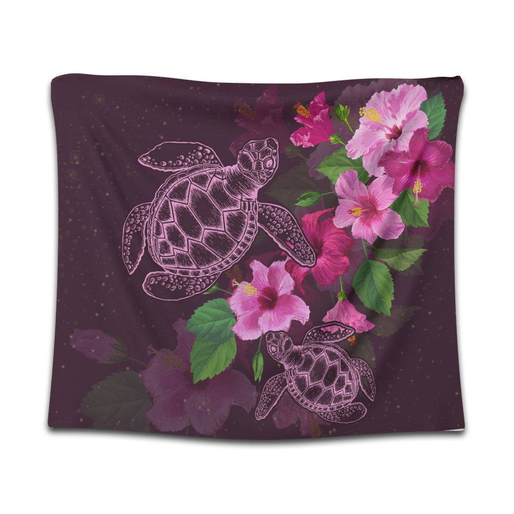 Hawaii Turtle Hibiscus Pink Simple Tapestry - AH Wall Tapestry Black - Polynesian Pride