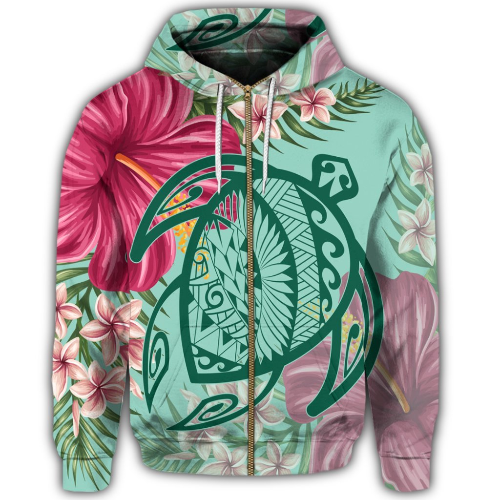 Hawaii Turtle Hibiscus Plumeria Zip Hoodie Hug Style - Polynesian Pride