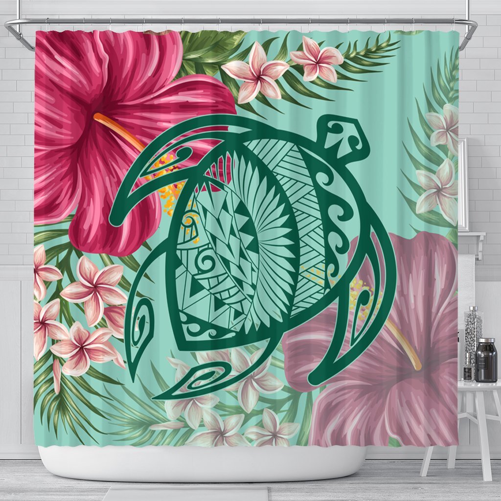 Hawaii Turtle Hibiscus Plumeria Shower Curtain - Hug Style - AH 177 x 172 (cm) Black - Polynesian Pride