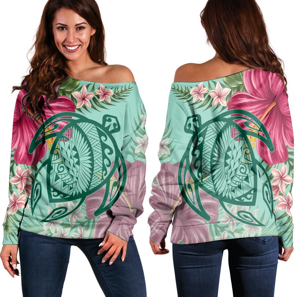 Hawaii Turtle Hibiscus Plumeria Women's Off Shoulder Sweater - Hug Style - AH Black - Polynesian Pride