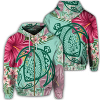 Hawaii Turtle Hibiscus Plumeria Zip Hoodie Hug Style Unisex Art - Polynesian Pride