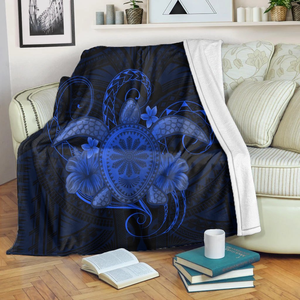 Hawaii Turtle Hibiscus Polynesian Premium Blankets - Full Style - Blue - AH White - Polynesian Pride