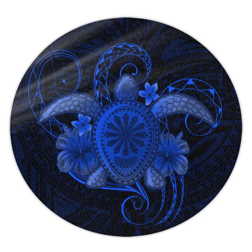 Hawaii Turtle Hibiscus Polynesian Round Carpet - Full Style - Blue - AH Round Carpet Luxurious Plush - Polynesian Pride