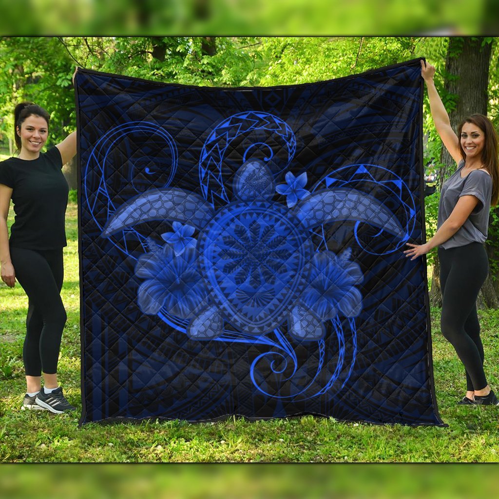 Hawaii Turtle Hibiscus Polynesian Premium Quilts - Full Style - Blue - AH Black - Polynesian Pride