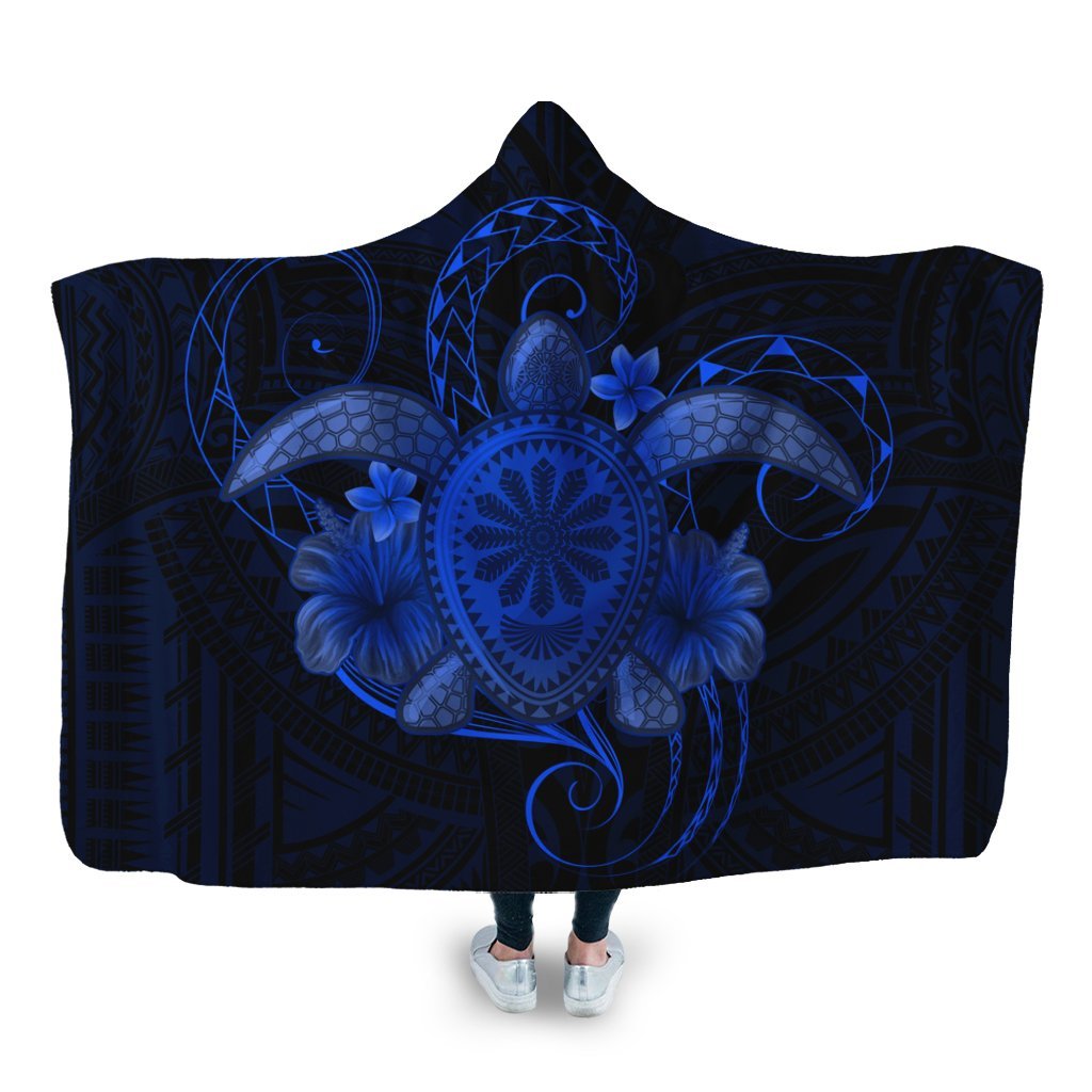 Hawaii Turtle Hibiscus Polynesian Hooded Blanket - Full Style - Blue - AH Hooded Blanket White - Polynesian Pride