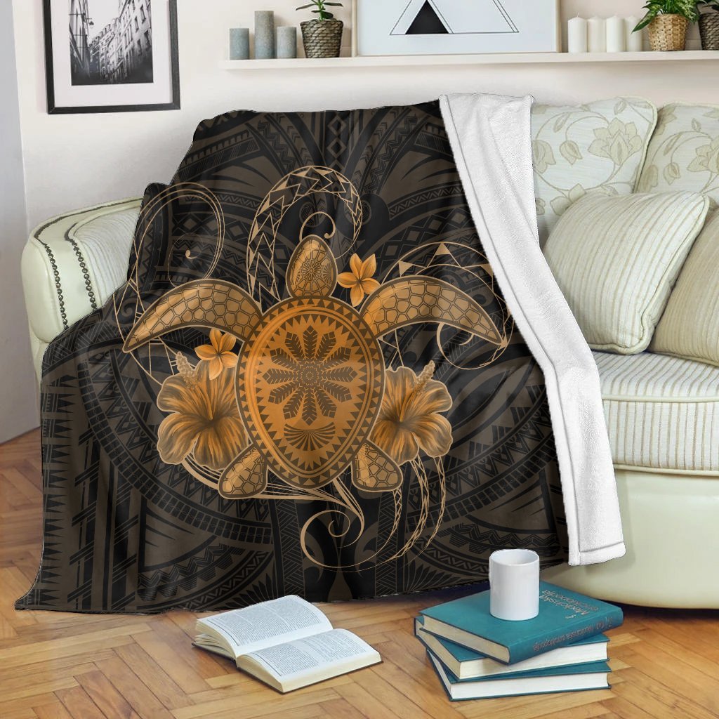 Hawaii Turtle Hibiscus Polynesian Premium Blankets - Full Style - Gold - AH White - Polynesian Pride