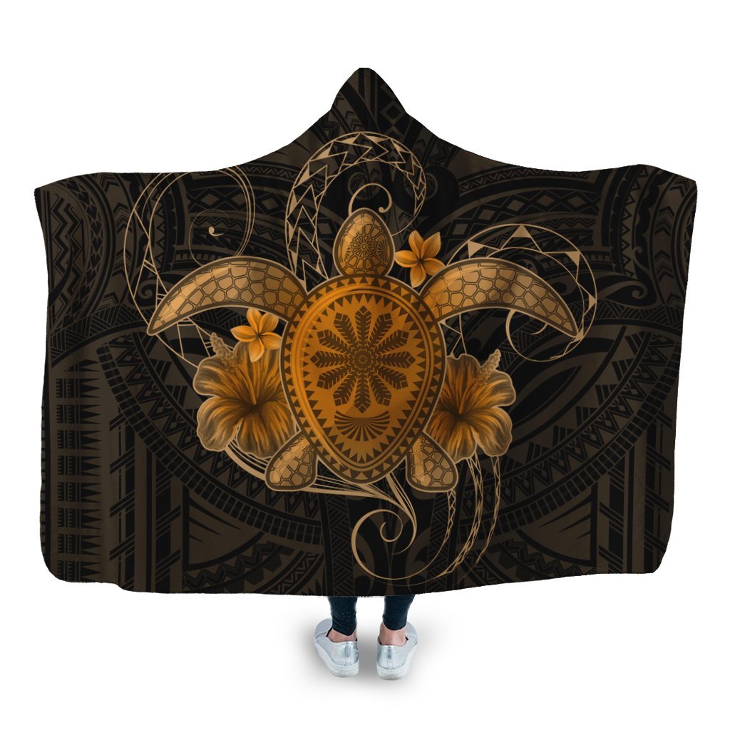 Hawaii Turtle Hibiscus Polynesian Hooded Blanket - Full Style - Gold - AH Hooded Blanket White - Polynesian Pride