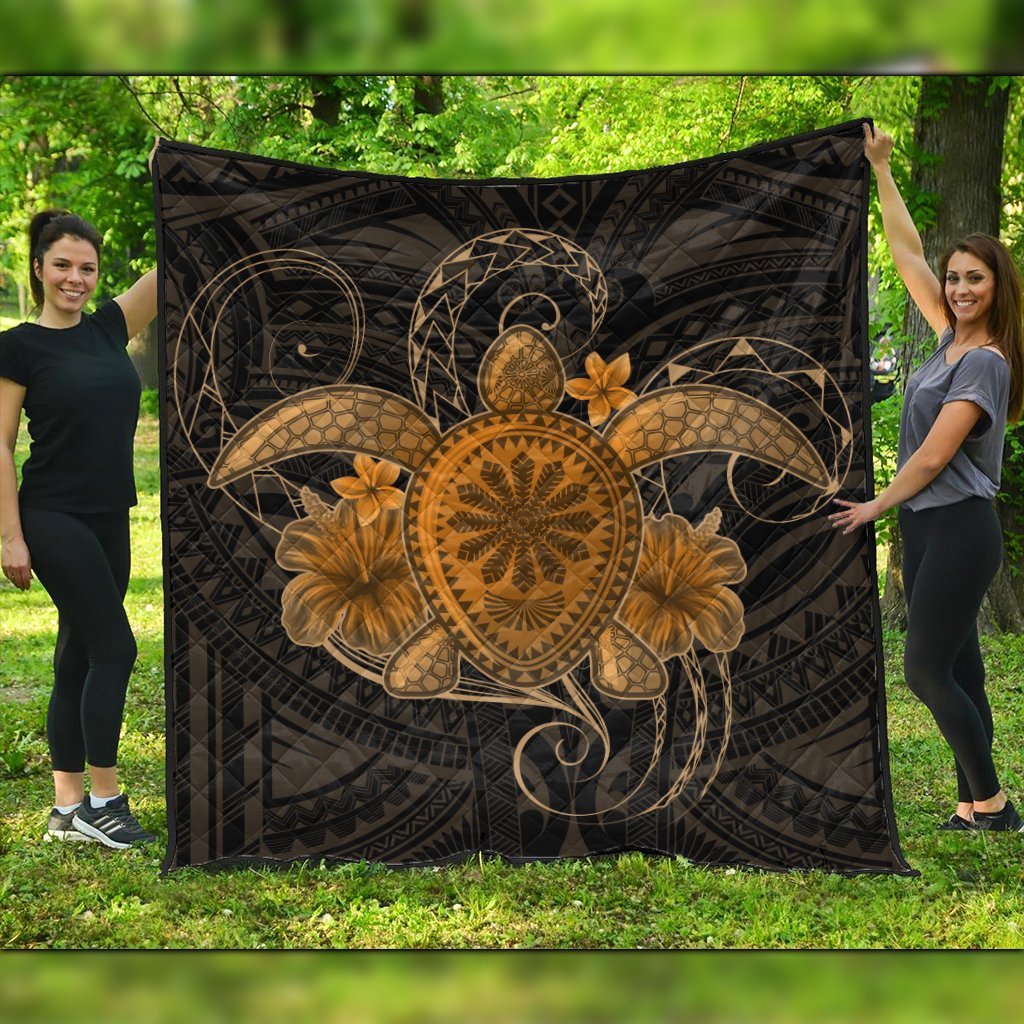 Hawaii Turtle Hibiscus Polynesian Premium Quilts - Full Style - Gold - AH Black - Polynesian Pride