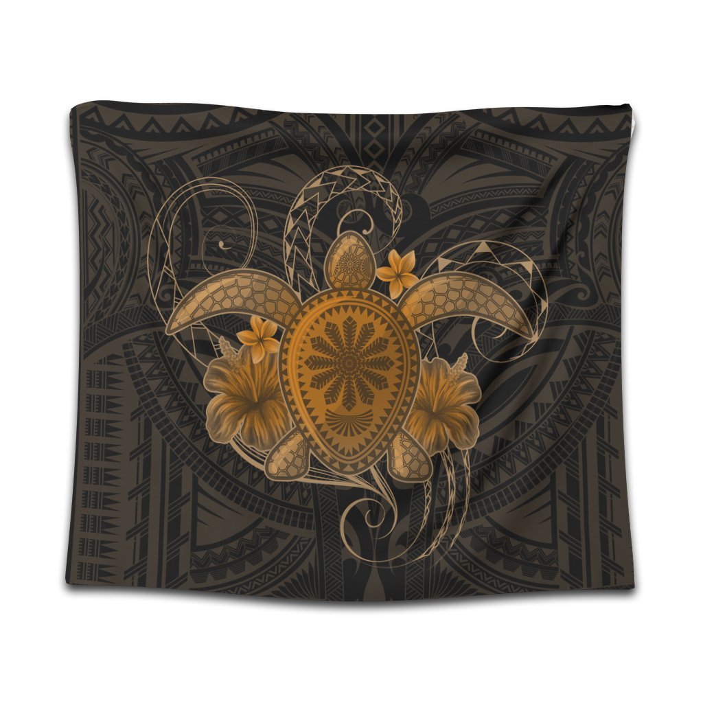 Hawaii Turtle Hibiscus Polynesian Tapestry - Full Style - Gold - AH Wall Tapestry Black - Polynesian Pride